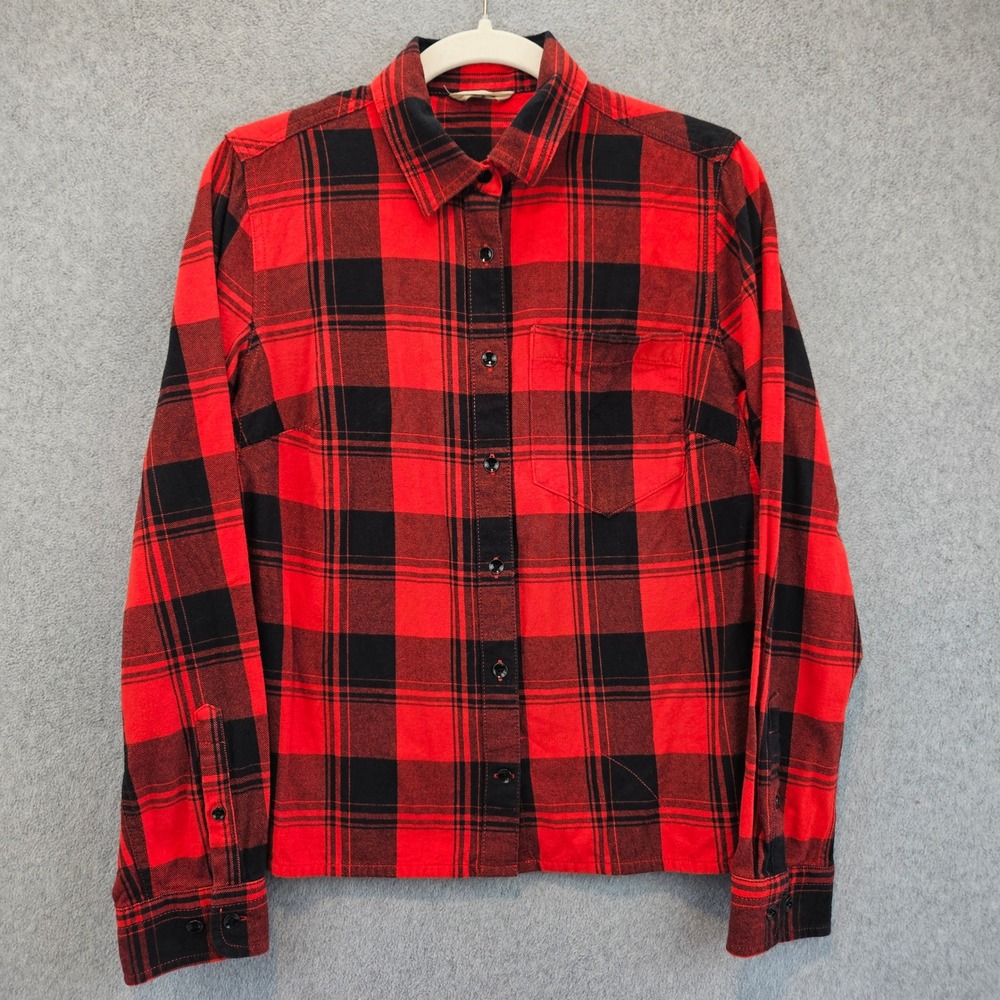 DULUTH TRADING Flannel Shirt Women S Red Plaid Button Down Vented Back Outdoor
